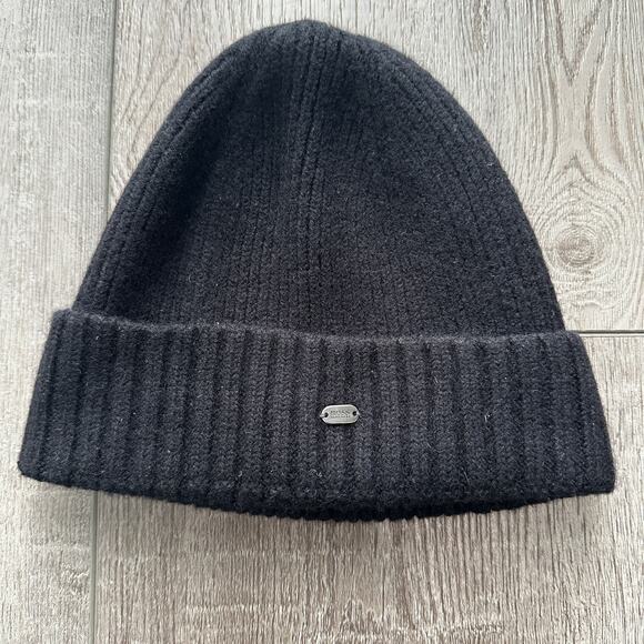 Hugo Boss Other - Hugo Boss Wool Black Beanie Ribbed Knit Hat w/ Metal Logo One Size